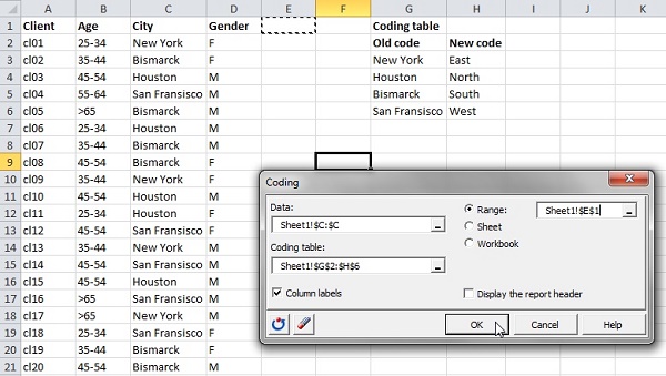 XLSTAT Coding data and dialog box